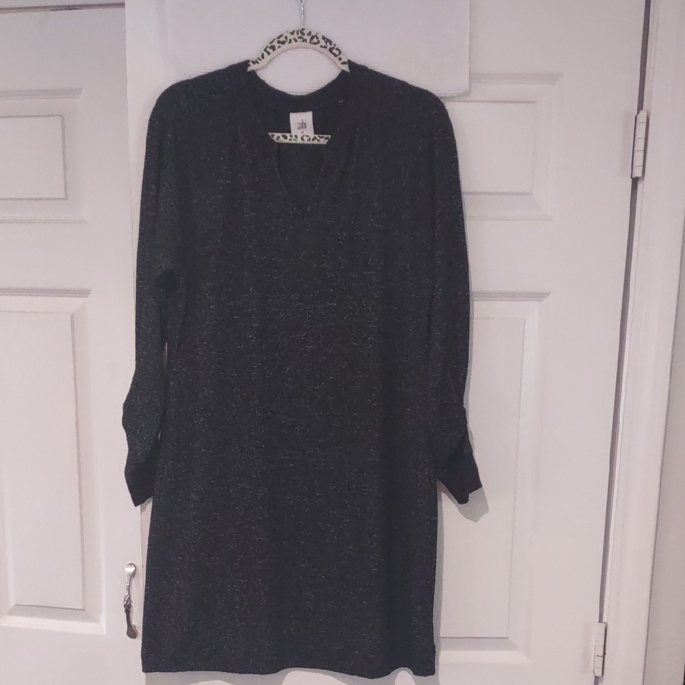 cabi #3829 PJ Dress Heathered Charcoal Gray Dress Split Neck Front Size Med EUC